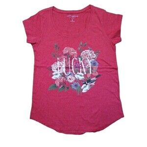 Lucky Brand Womens Red-Pink Floral Graphic T-Shirt Tee Rounded Hem